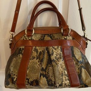 Large Brahmin handbag in cognac, tan and chocolate brown with reptile print